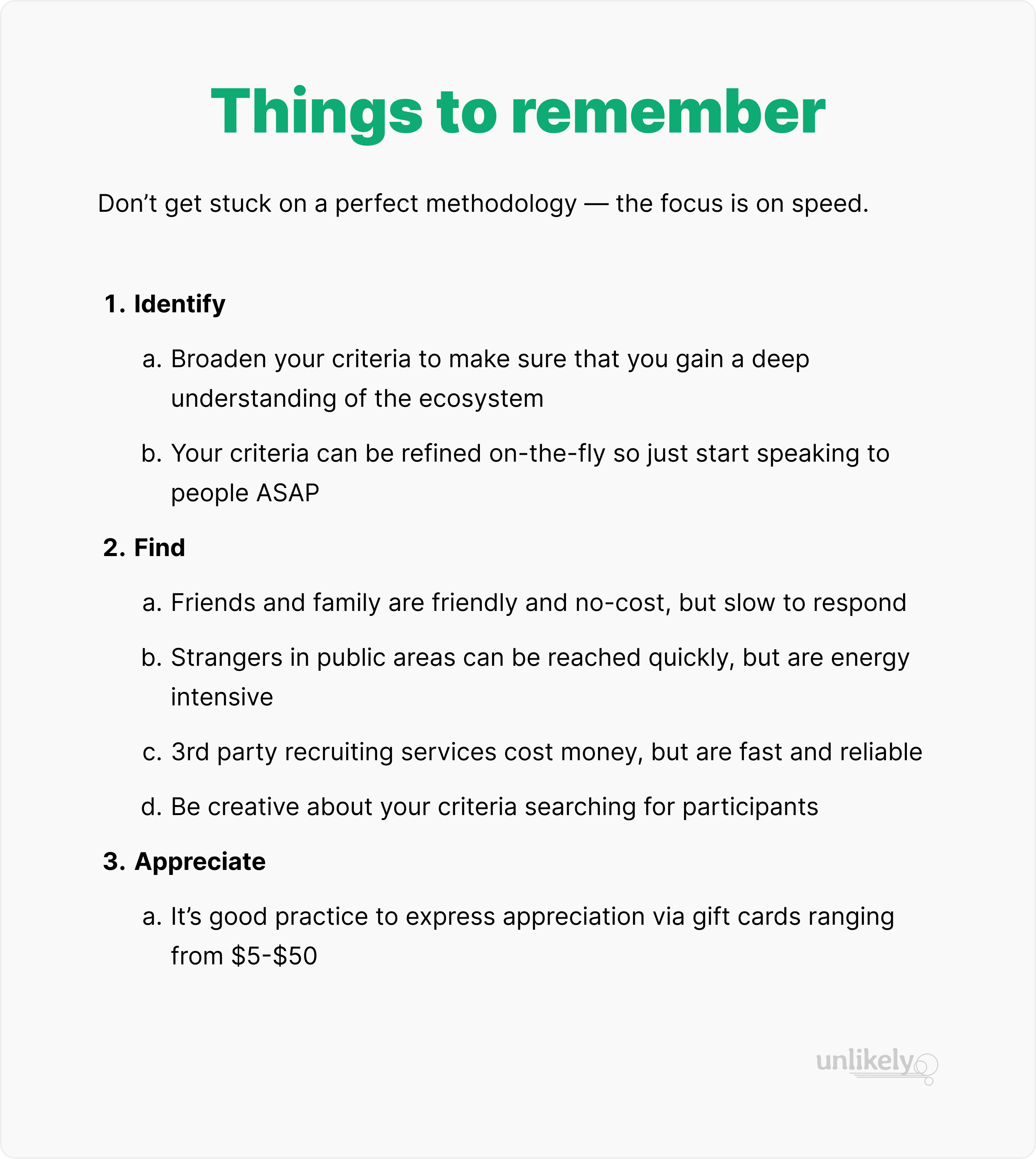 Table listing the money, time, rejection risk and considerations for participant pools: friends and family, stranges in public, 3rd party recruiting services.